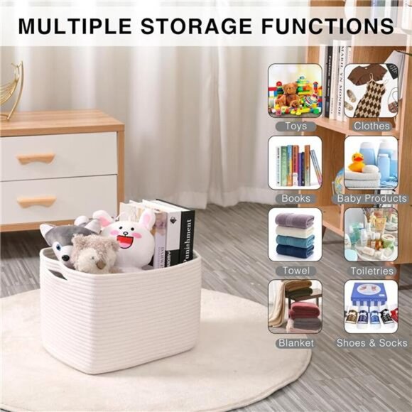 Woven Cotton Rope Storage Baskets for Shelves Nursery Toys Books Towels Set 3 - Picture 4 of 7